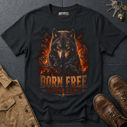 Born Free Never Tame T-Shirt - Patriotic American Wolf Vintage Graphic Tee USA Freedom Gift for Men