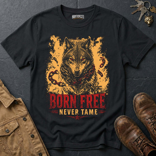 Born Free Never Tame T-Shirt - Patriotic American Wolf Graphic Tee USA Freedom Gift for Men