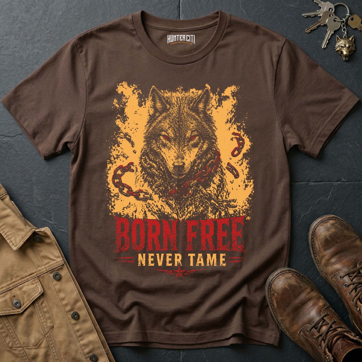 Born Free Never Tame T-Shirt - Patriotic American Wolf Graphic Tee USA Freedom Gift for Men