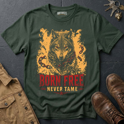 Born Free Never Tame T-Shirt - Patriotic American Wolf Graphic Tee USA Freedom Gift for Men