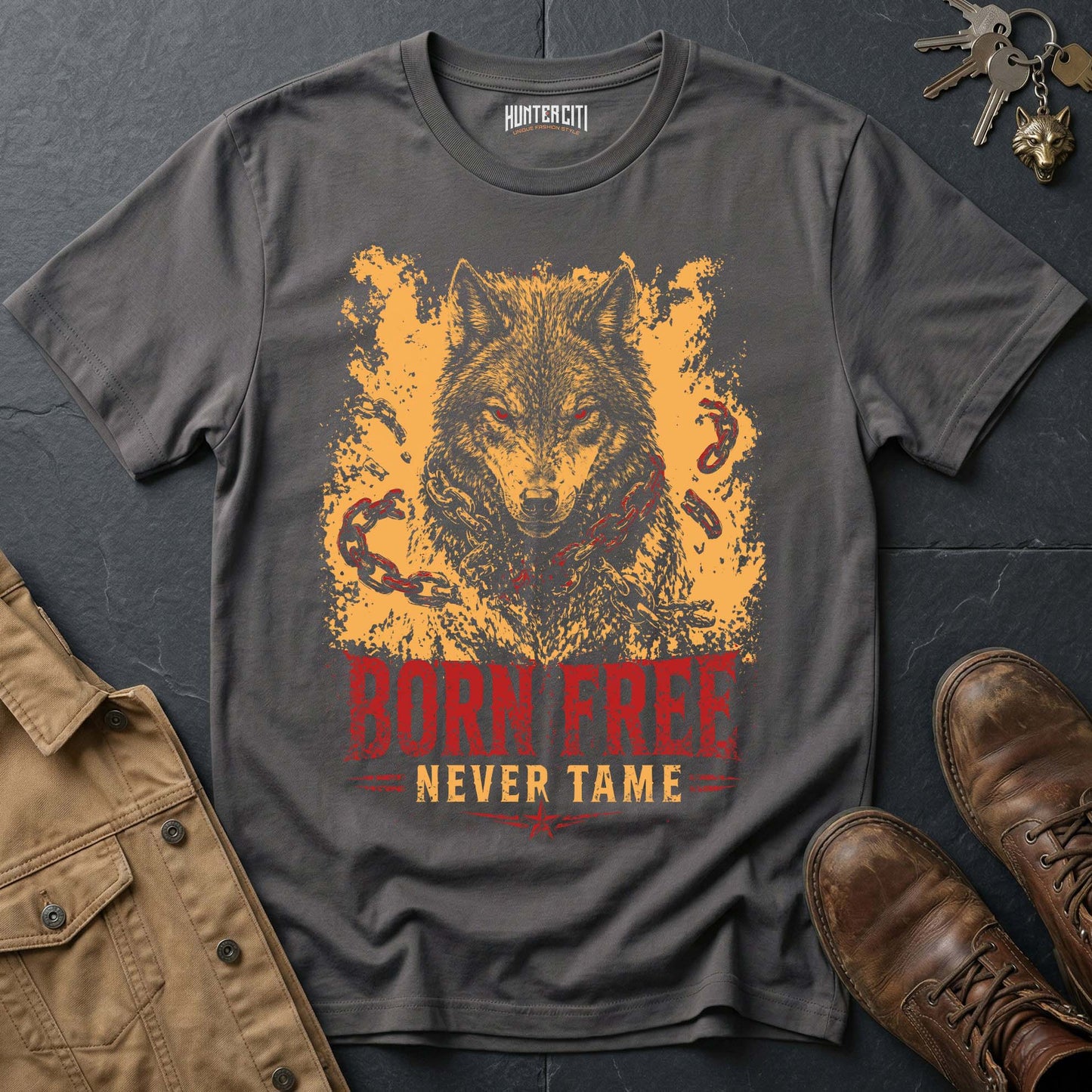 Born Free Never Tame T-Shirt - Patriotic American Wolf Graphic Tee USA Freedom Gift for Men
