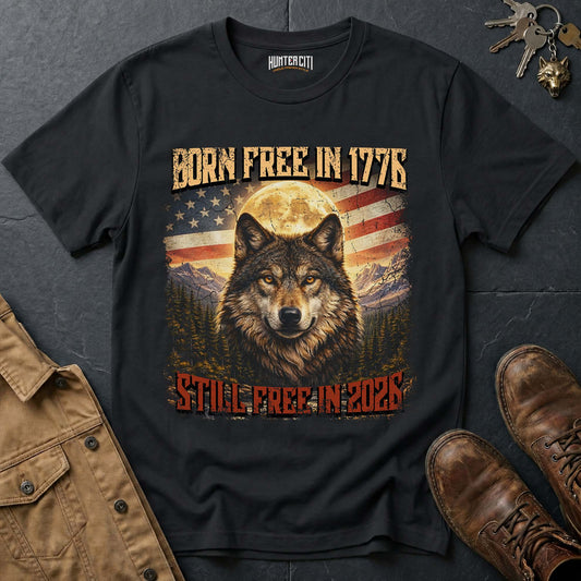 Born Free 1776 Still Free 2026 Wolf T-Shirt America Anniversary Moonlit Wolf Face Patriotic Graphic Tee USA Gift