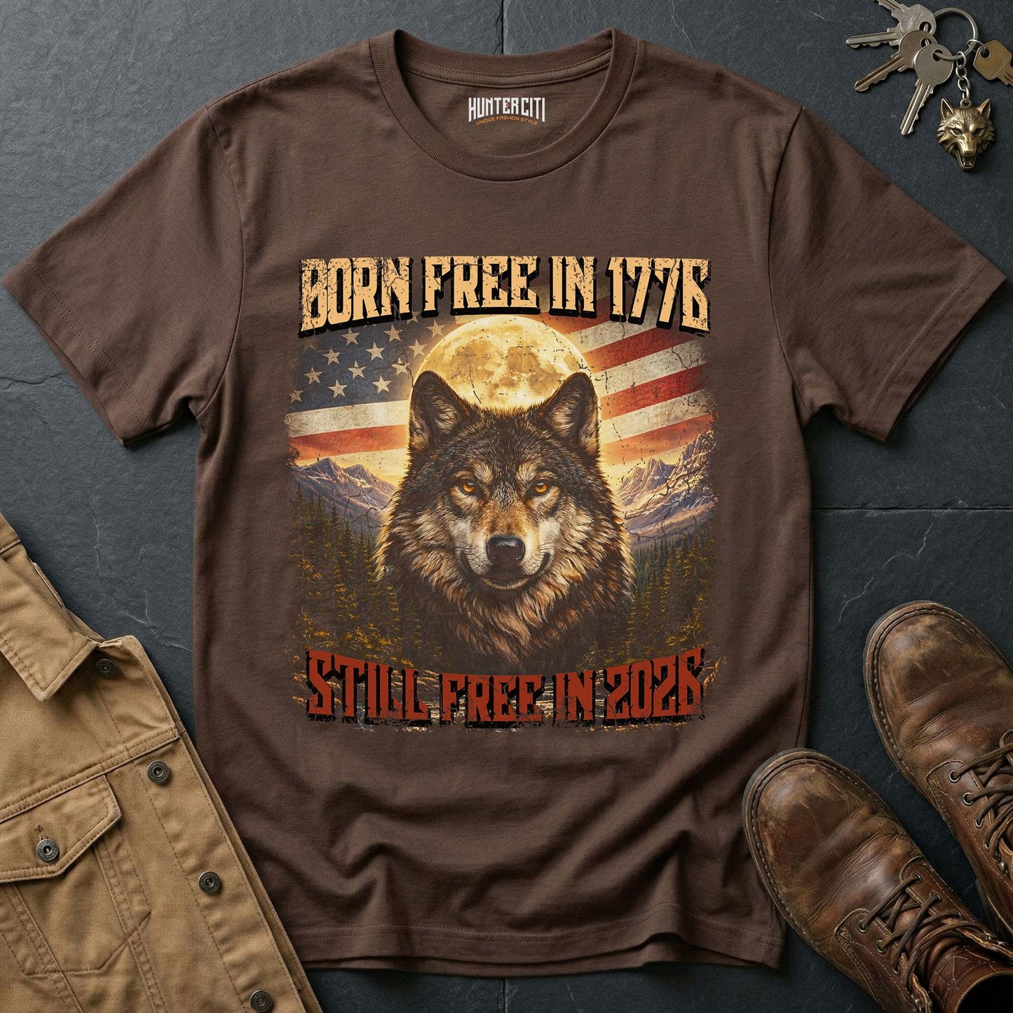 Born Free 1776 Still Free 2026 Wolf T-Shirt America Anniversary Moonlit Wolf Face Patriotic Graphic Tee USA Gift