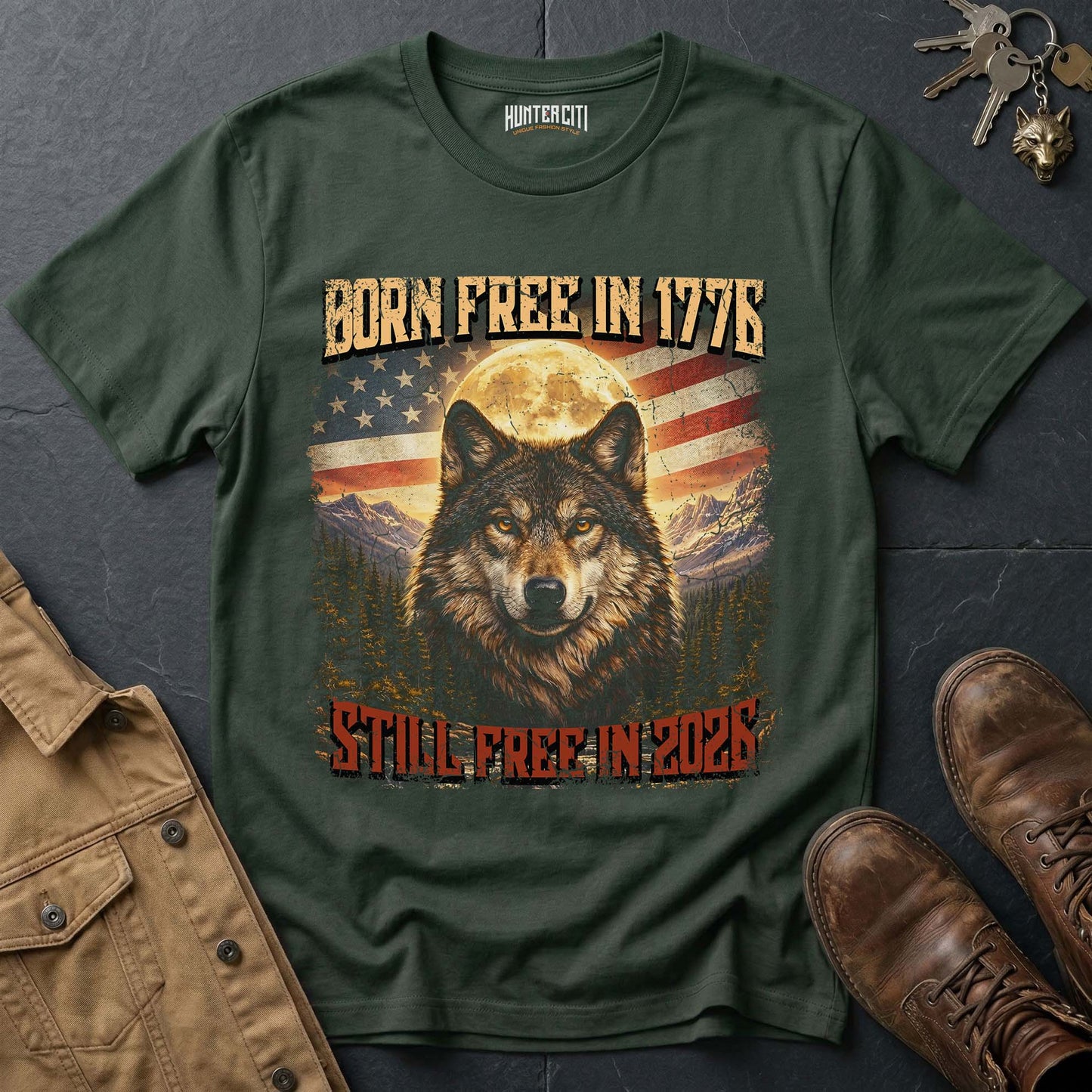 Born Free 1776 Still Free 2026 Wolf T-Shirt America Anniversary Moonlit Wolf Face Patriotic Graphic Tee USA Gift