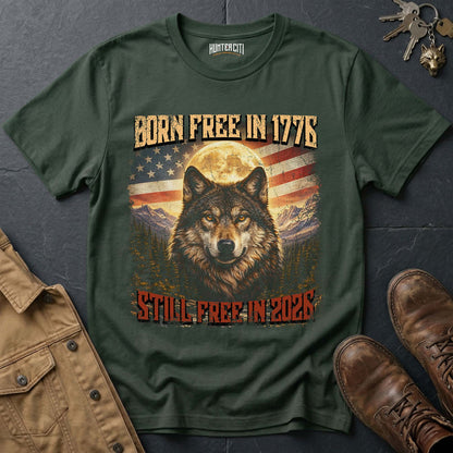 Born Free 1776 Still Free 2026 Wolf T-Shirt America Anniversary Moonlit Wolf Face Patriotic Graphic Tee USA Gift