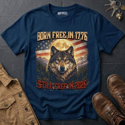 Born Free 1776 Still Free 2026 Wolf T-Shirt America Anniversary Moonlit Wolf Face Patriotic Graphic Tee USA Gift