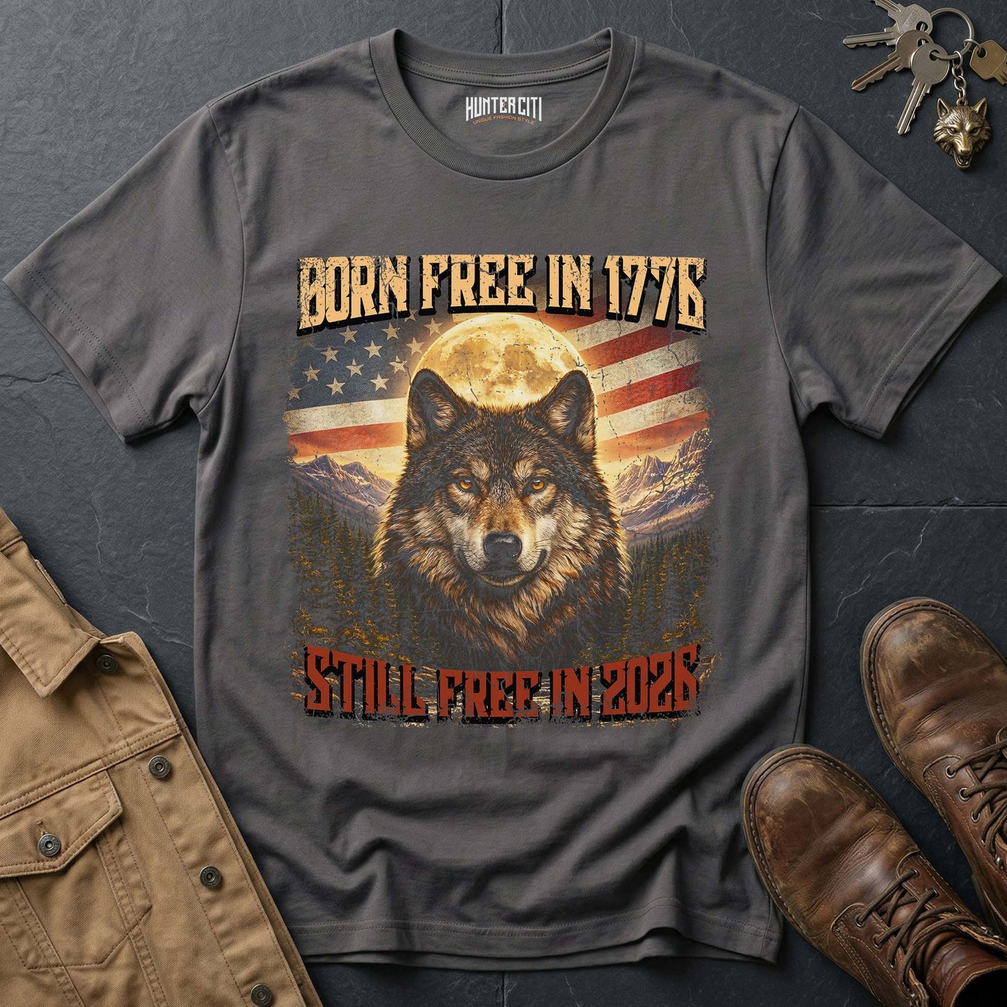 Born Free 1776 Still Free 2026 Wolf T-Shirt America Anniversary Moonlit Wolf Face Patriotic Graphic Tee USA Gift