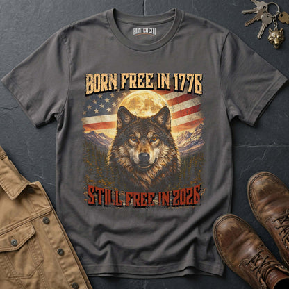 Born Free 1776 Still Free 2026 Wolf T-Shirt America Anniversary Moonlit Wolf Face Patriotic Graphic Tee USA Gift