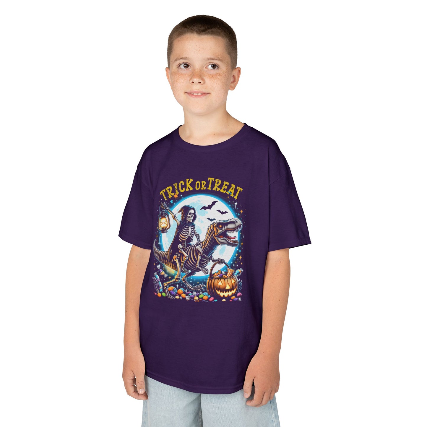 Skeleton Riding Mummy Dinosaur T Rex Halloween Funny Pumpkin Kids T-Shirt - Cute Dinosaur Skeleton Halloween Shirt for Boys & Girls