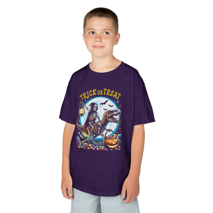 Skeleton Riding Mummy Dinosaur T Rex Halloween Funny Pumpkin Kids T-Shirt - Cute Dinosaur Skeleton Halloween Shirt for Boys & Girls