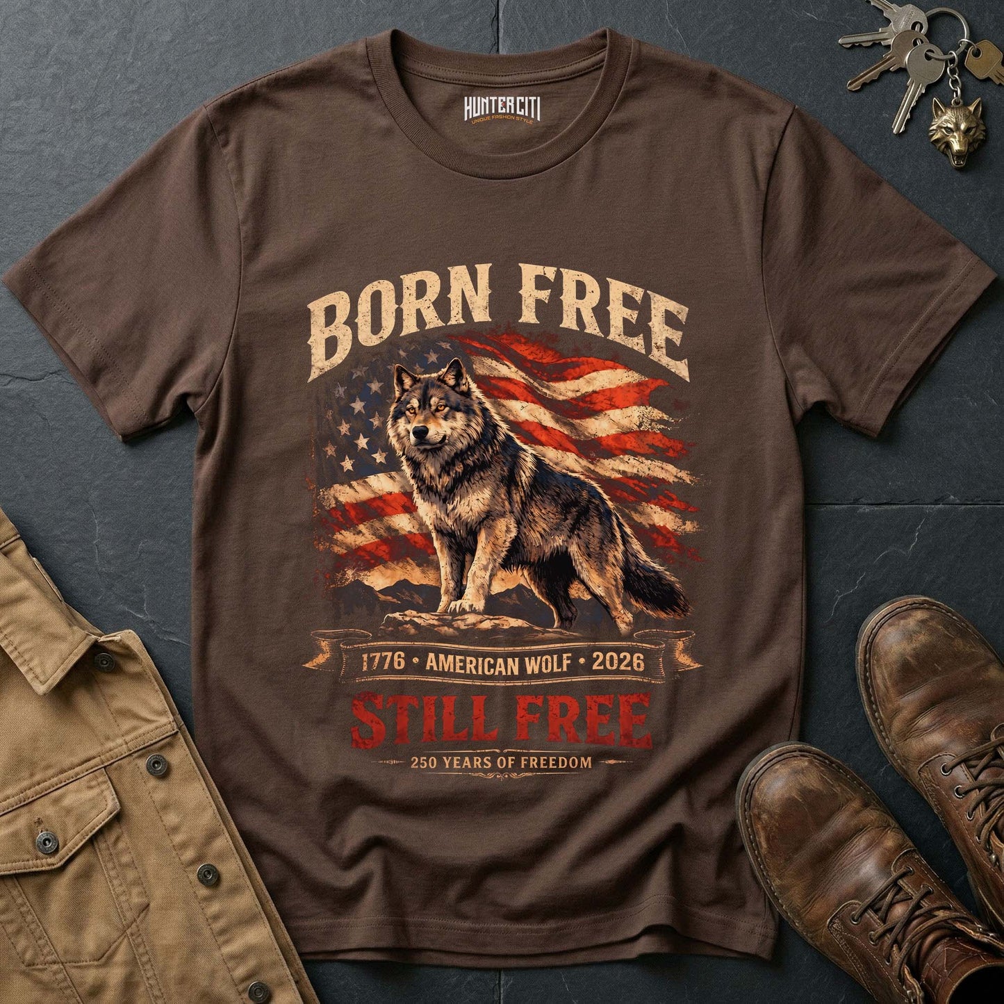 Born Free American Wolf Still Free 1776 2026 T-Shirt - 250 Years Freedom Anniversary Patriotic Wolf Graphic Tee USA