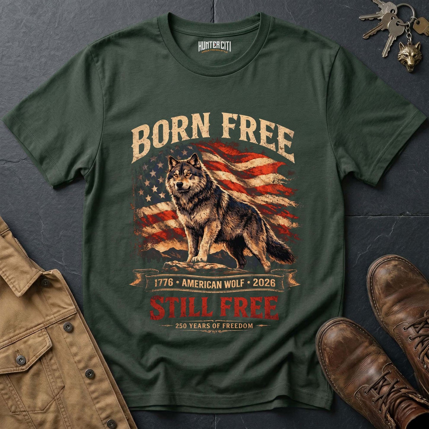 Born Free American Wolf Still Free 1776 2026 T-Shirt - 250 Years Freedom Anniversary Patriotic Wolf Graphic Tee USA