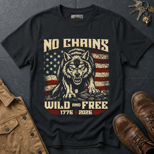 No Chains Wild and Free 1776 2026 T-Shirt - America 250th Anniversary Snarling Wolf Patriotic Graphic Tee USA Gift