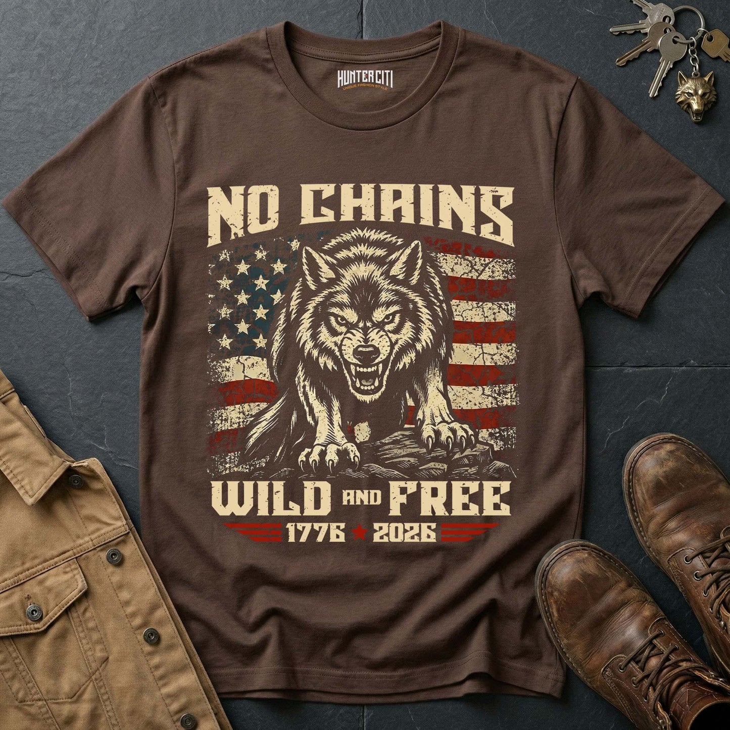 No Chains Wild and Free 1776 2026 T-Shirt - America 250th Anniversary Snarling Wolf Patriotic Graphic Tee USA Gift