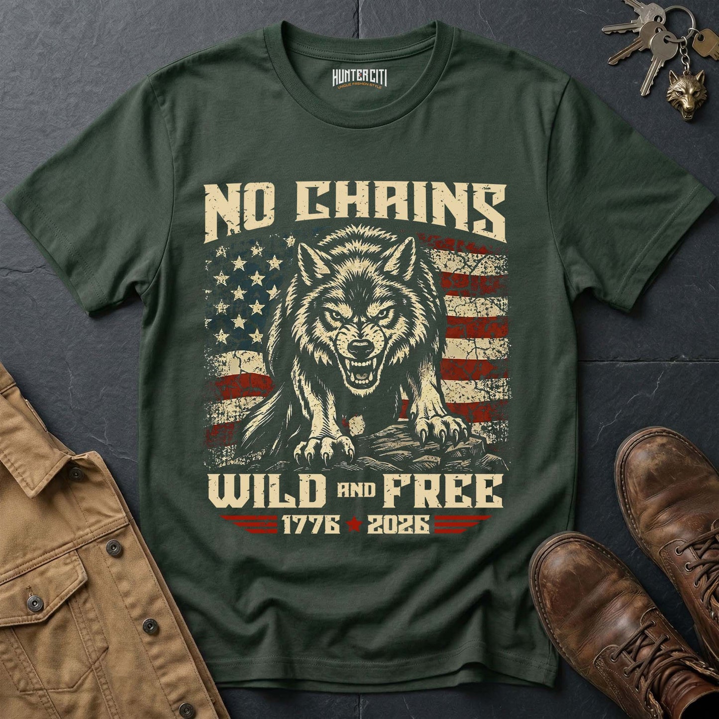 No Chains Wild and Free 1776 2026 T-Shirt - America 250th Anniversary Snarling Wolf Patriotic Graphic Tee USA Gift