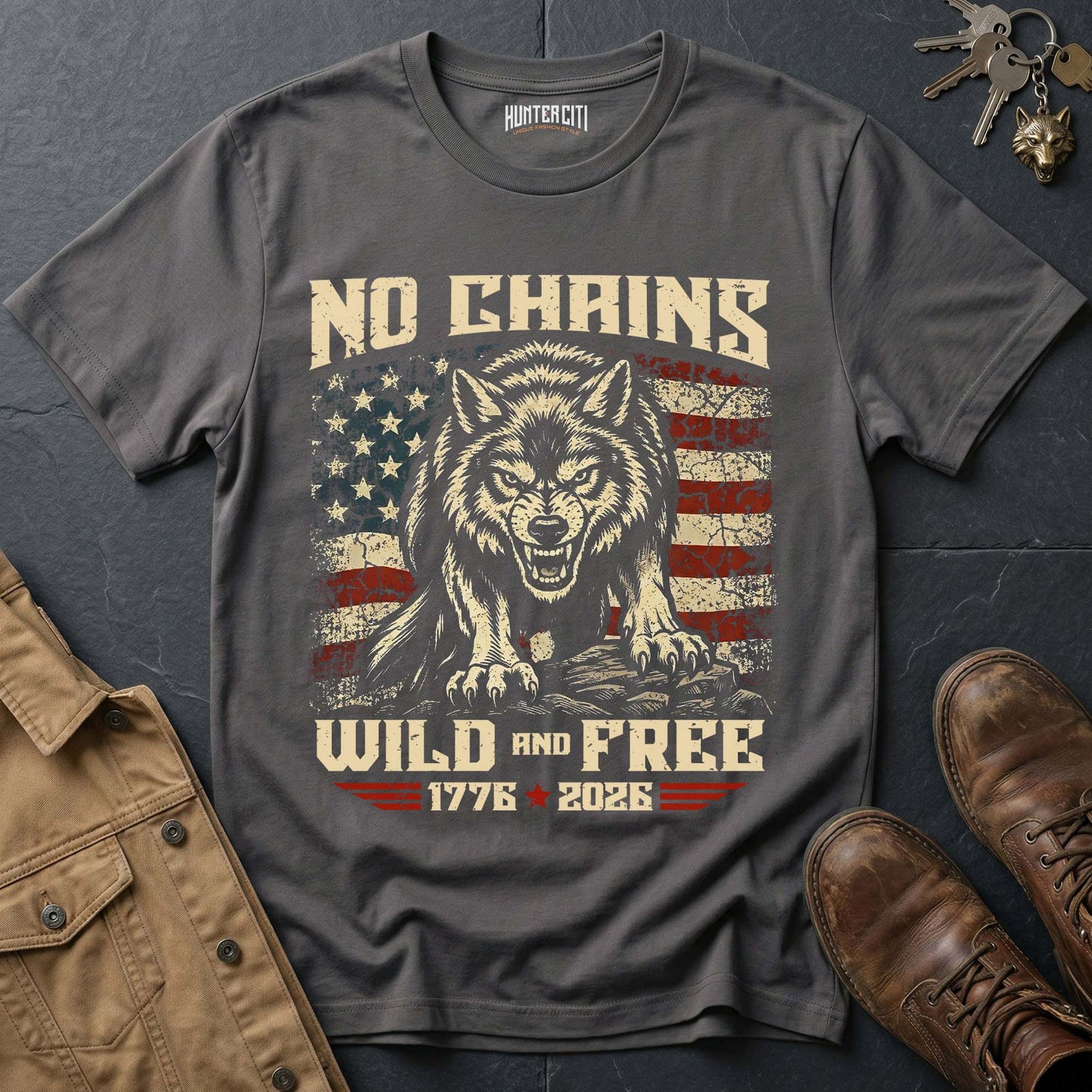No Chains Wild and Free 1776 2026 T-Shirt - America 250th Anniversary Snarling Wolf Patriotic Graphic Tee USA Gift