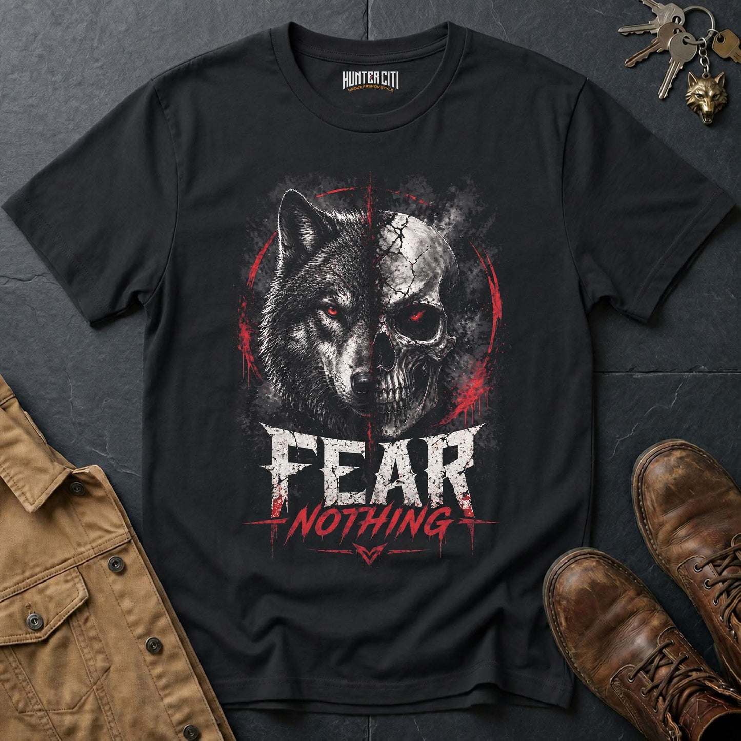 Fear Nothing American Wolf T-Shirt - Patriotic Wolf Graphic Tee Bold USA Statement Gift for Men