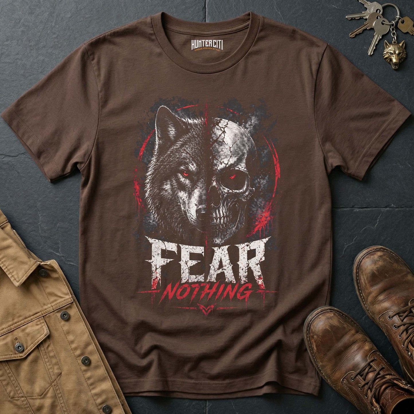 Fear Nothing American Wolf T-Shirt - Patriotic Wolf Graphic Tee Bold USA Statement Gift for Men
