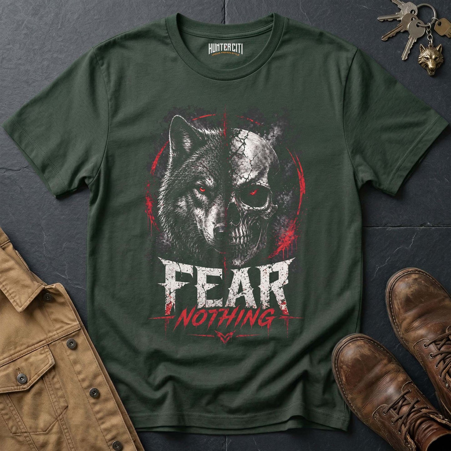 Fear Nothing American Wolf T-Shirt - Patriotic Wolf Graphic Tee Bold USA Statement Gift for Men
