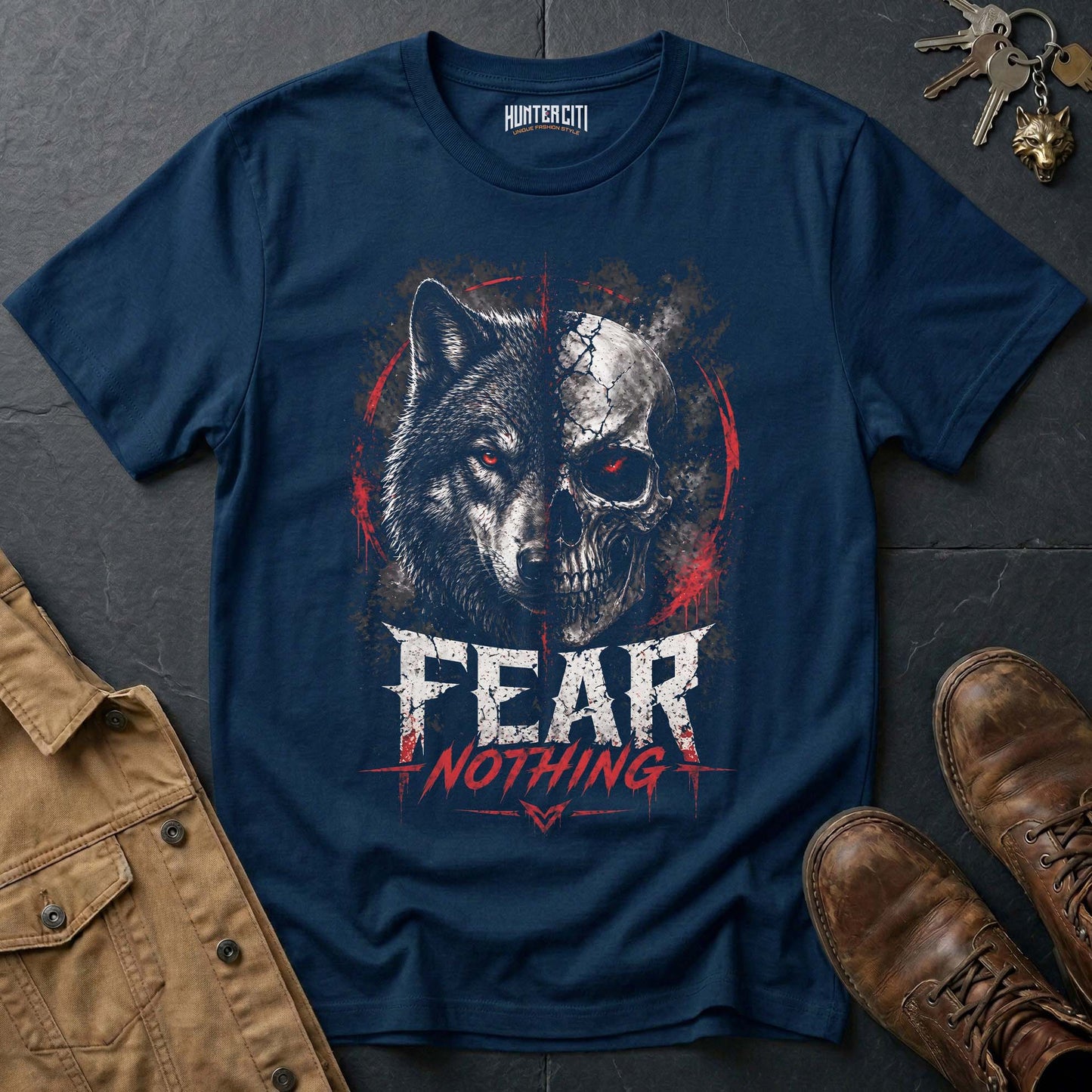 Fear Nothing American Wolf T-Shirt - Patriotic Wolf Graphic Tee Bold USA Statement Gift for Men