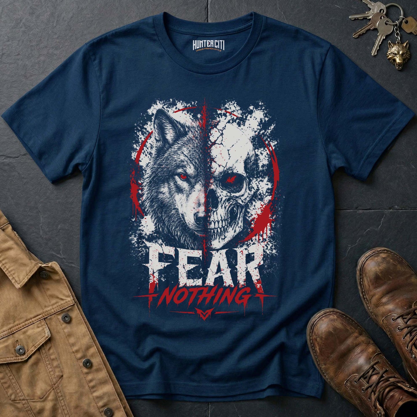 Fear Nothing American Wolf T-Shirt - Patriotic Wolf Vintage Graphic Tee Bold USA Statement Gift for Men