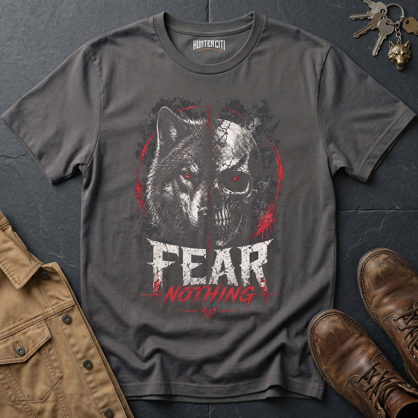 Fear Nothing American Wolf T-Shirt - Patriotic Wolf Graphic Tee Bold USA Statement Gift for Men