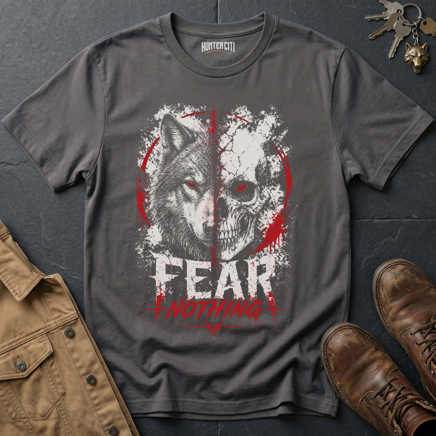 Fear Nothing American Wolf T-Shirt - Patriotic Wolf Vintage Graphic Tee Bold USA Statement Gift for Men