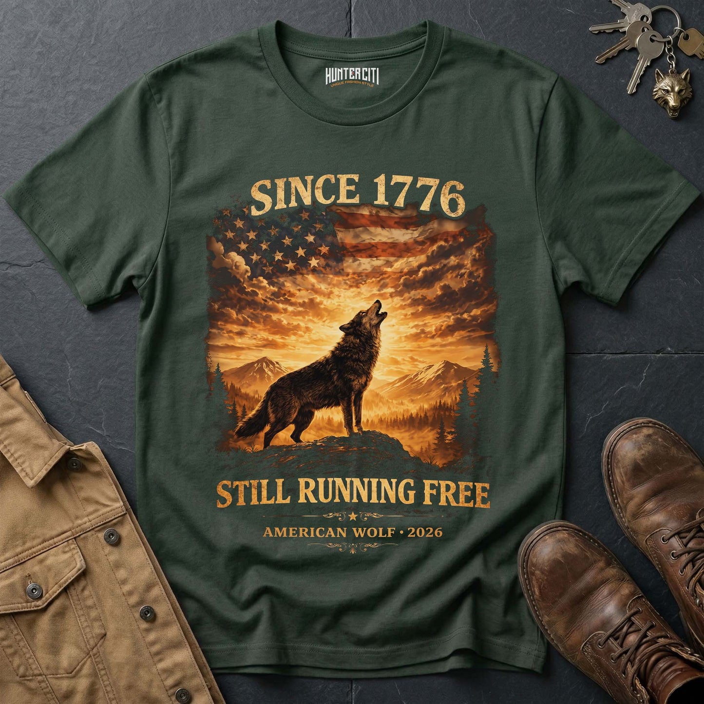 Since 1776 Still Running Free American Wolf T-Shirt - 2026 250 Years Patriotic Howling Wolf Anniversary Tee USA Gift