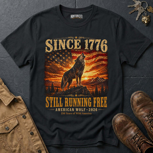 Since 1776 Still Running Free American Wolf 2026 T-Shirt - 250 Years Wild America Patriotic Howling Wolf Anniversary Tee
