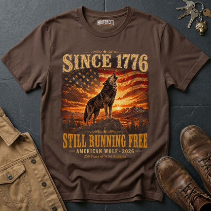 Since 1776 Still Running Free American Wolf 2026 T-Shirt - 250 Years Wild America Patriotic Howling Wolf Anniversary Tee