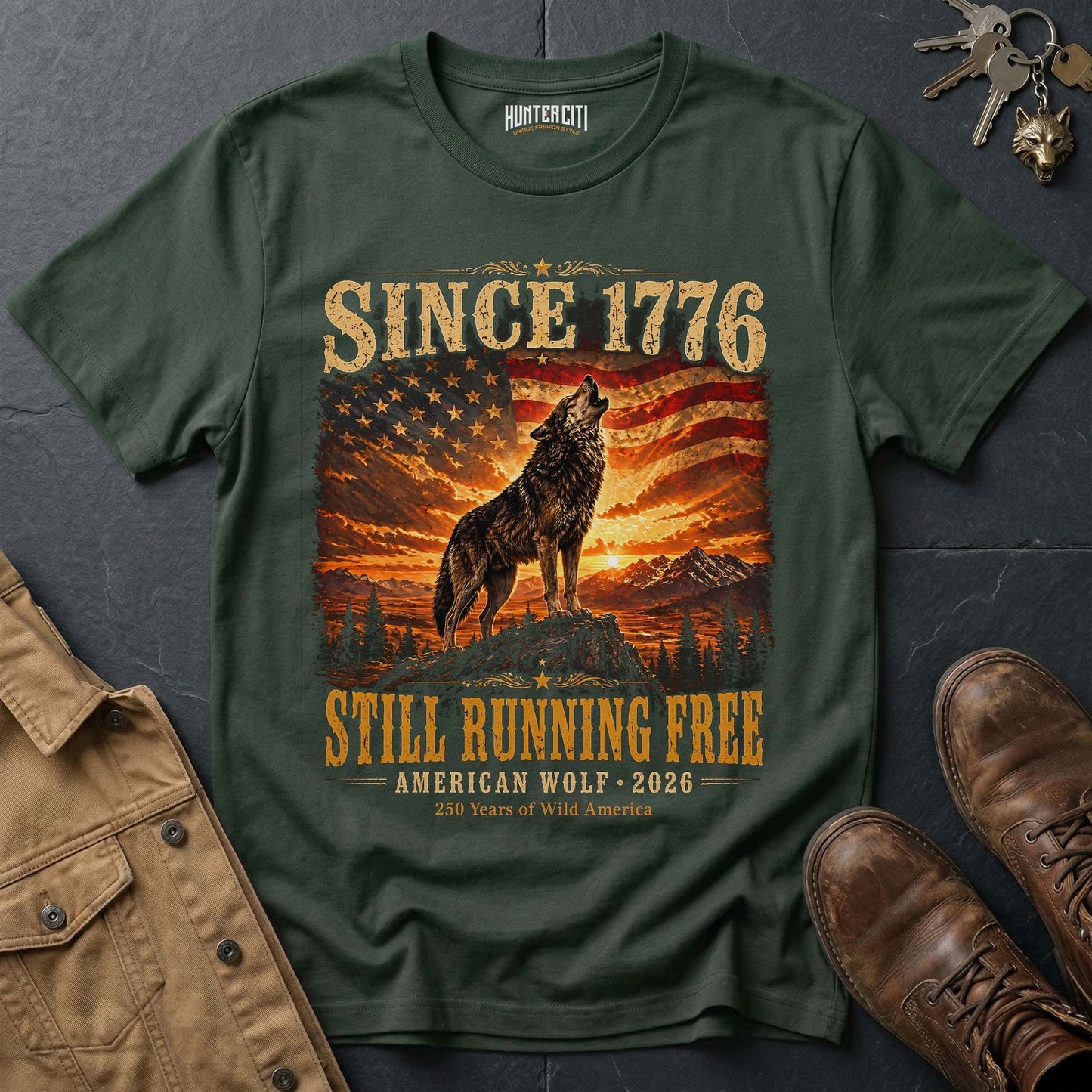 Since 1776 Still Running Free American Wolf 2026 T-Shirt - 250 Years Wild America Patriotic Howling Wolf Anniversary Tee