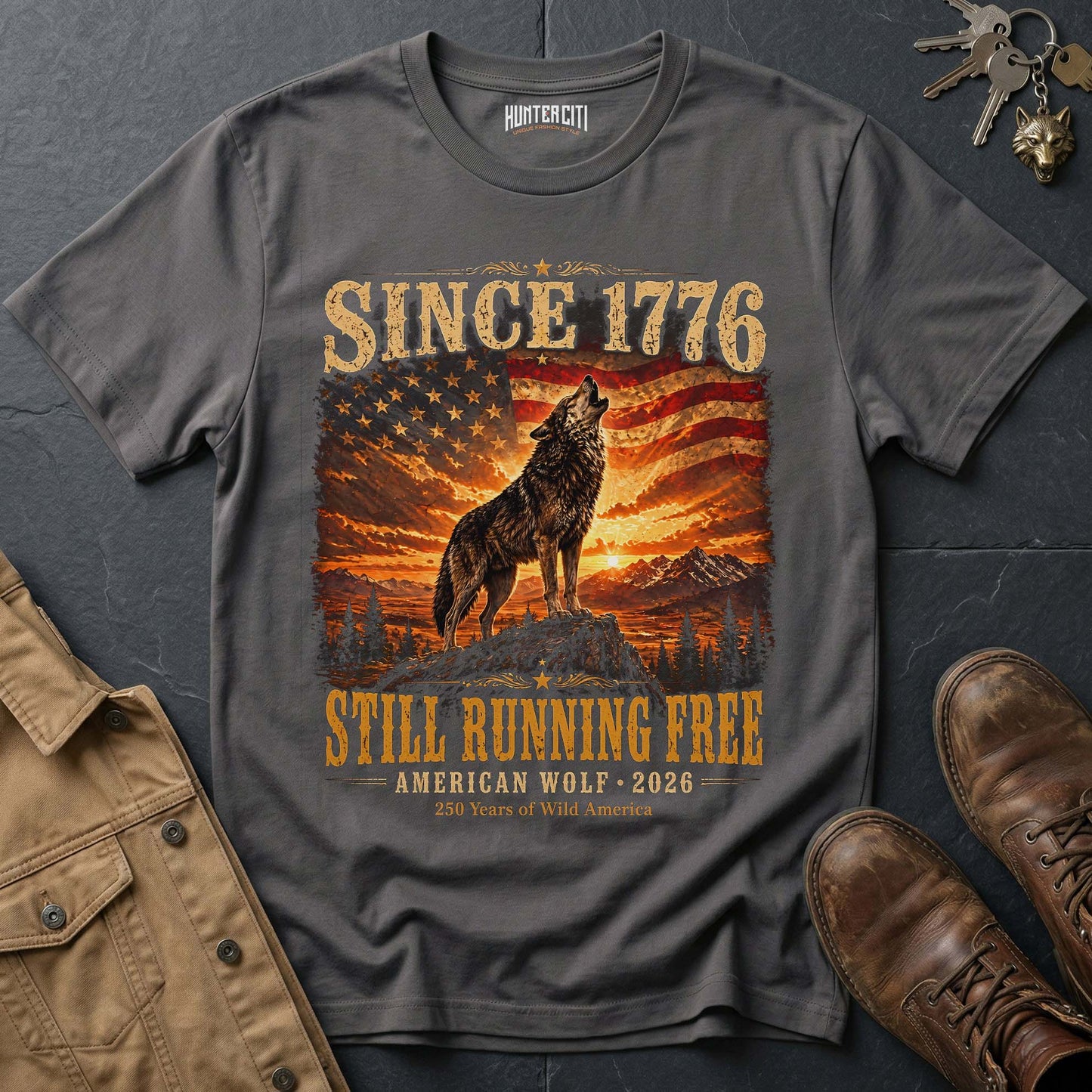 Since 1776 Still Running Free American Wolf 2026 T-Shirt - 250 Years Wild America Patriotic Howling Wolf Anniversary Tee