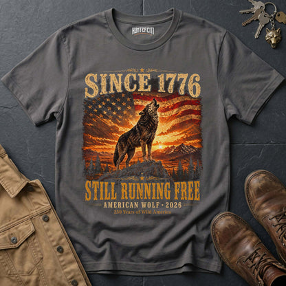 Since 1776 Still Running Free American Wolf 2026 T-Shirt - 250 Years Wild America Patriotic Howling Wolf Anniversary Tee
