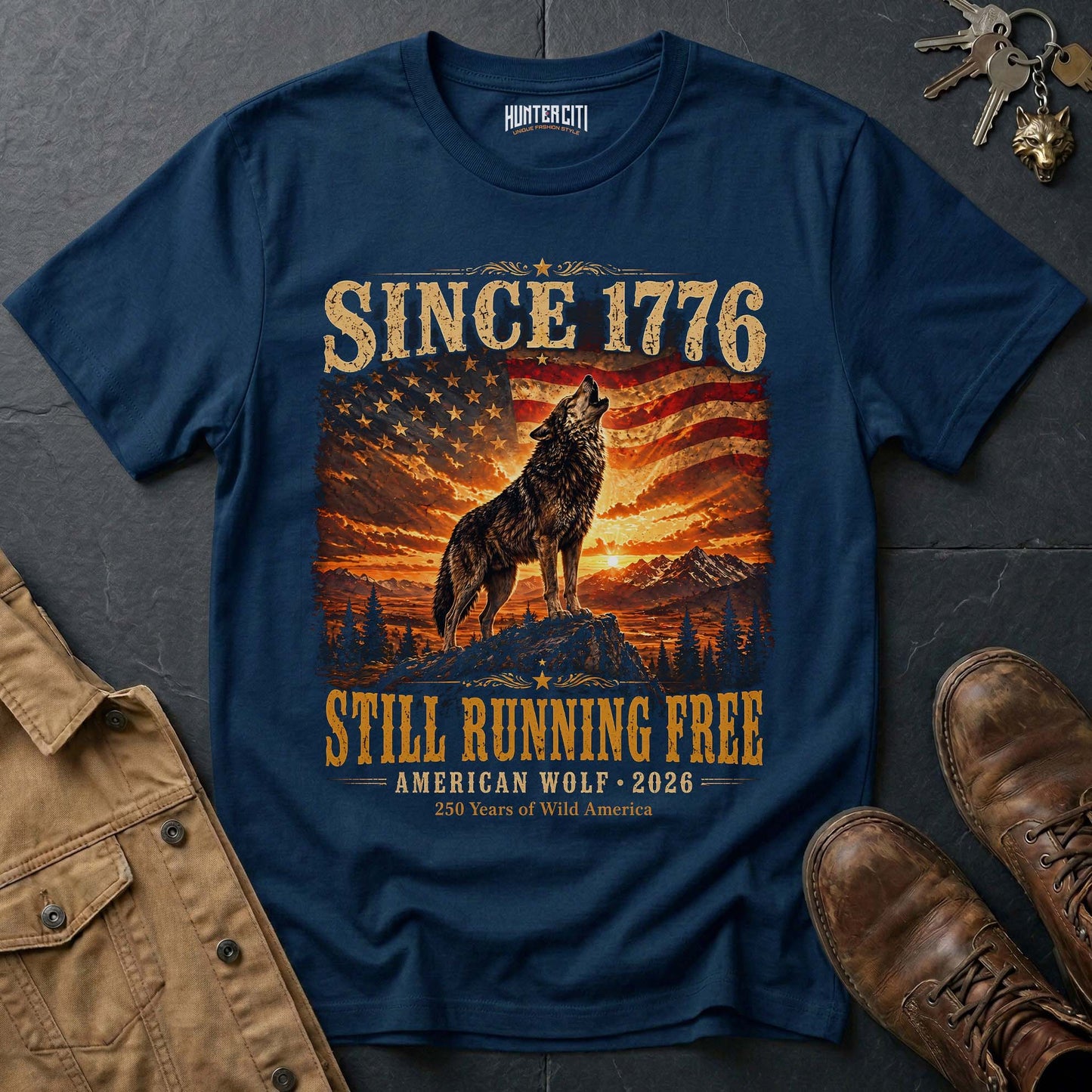 Since 1776 Still Running Free American Wolf 2026 T-Shirt - 250 Years Wild America Patriotic Howling Wolf Anniversary Tee