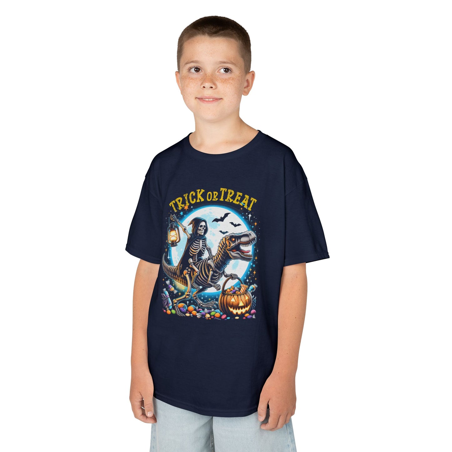 Skeleton Riding Mummy Dinosaur T Rex Halloween Funny Pumpkin Kids T-Shirt - Cute Dinosaur Skeleton Halloween Shirt for Boys & Girls