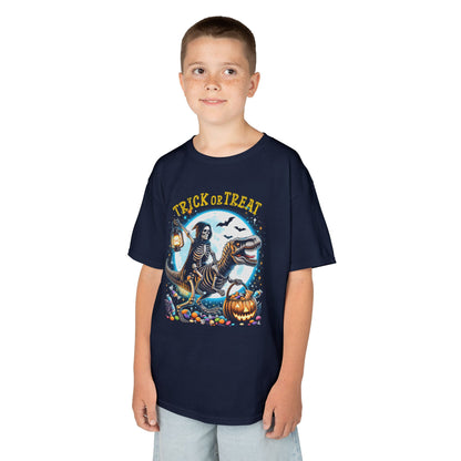 Skeleton Riding Mummy Dinosaur T Rex Halloween Funny Pumpkin Kids T-Shirt - Cute Dinosaur Skeleton Halloween Shirt for Boys & Girls
