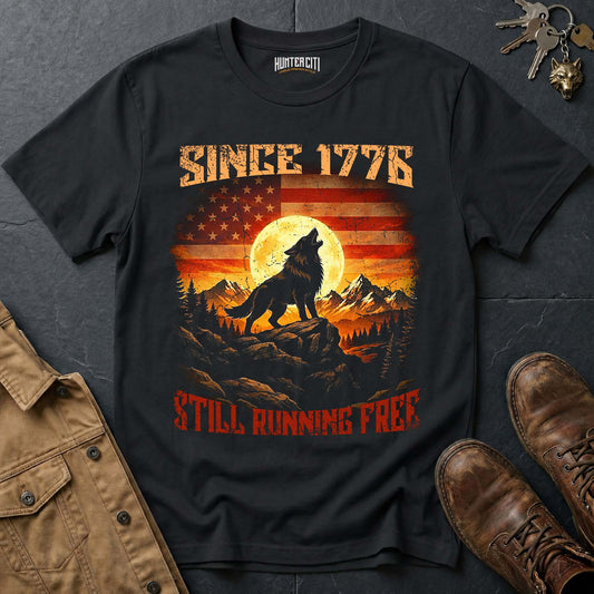 Since 1776 Still Running Free Wolf Moon T-Shirt - America Anniversary Howling Wolf Vintage Patriotic Tee USA Gift