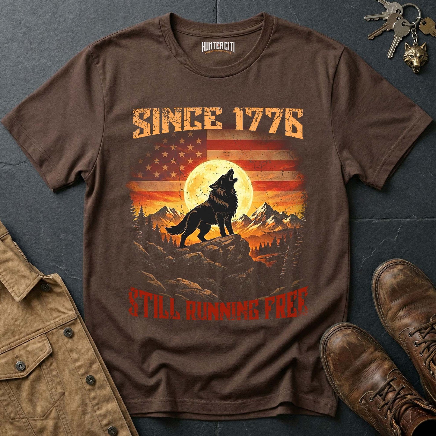 Since 1776 Still Running Free Wolf Moon T-Shirt - America Anniversary Howling Wolf Vintage Patriotic Tee USA Gift