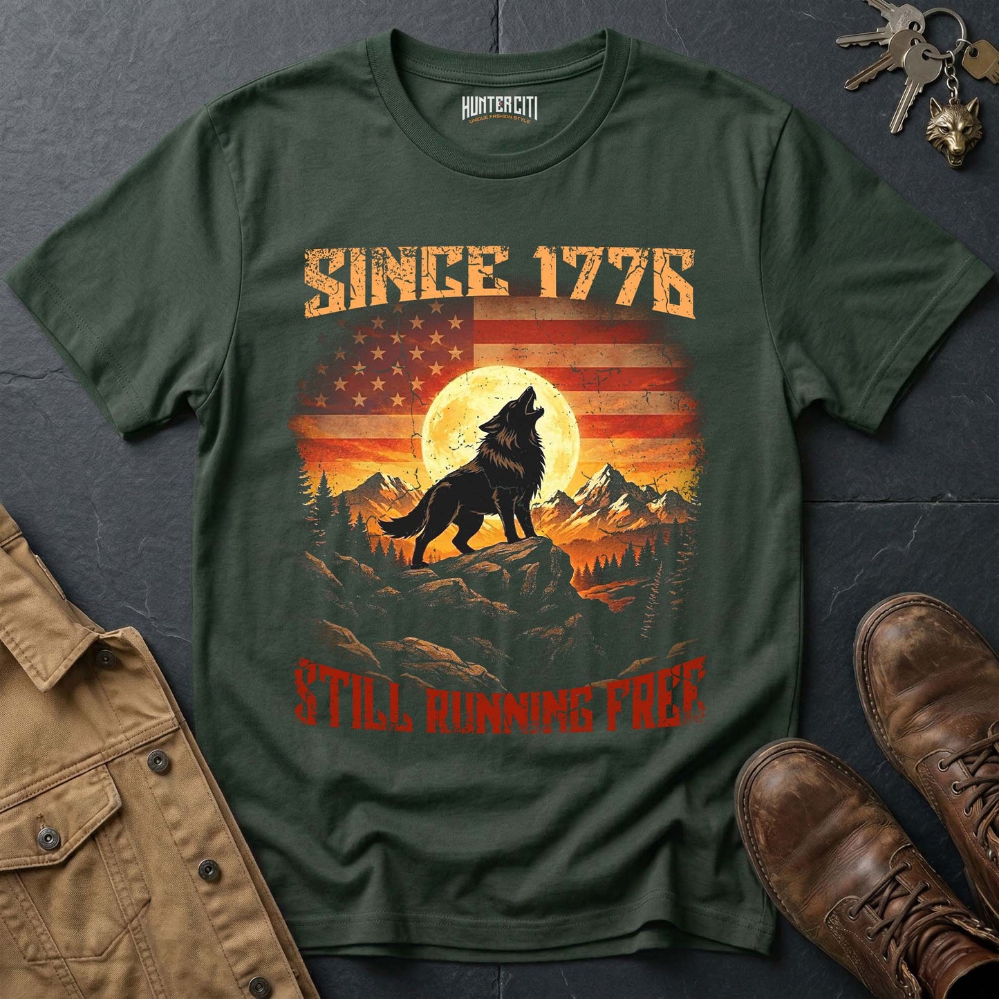 Since 1776 Still Running Free Wolf Moon T-Shirt - America Anniversary Howling Wolf Vintage Patriotic Tee USA Gift