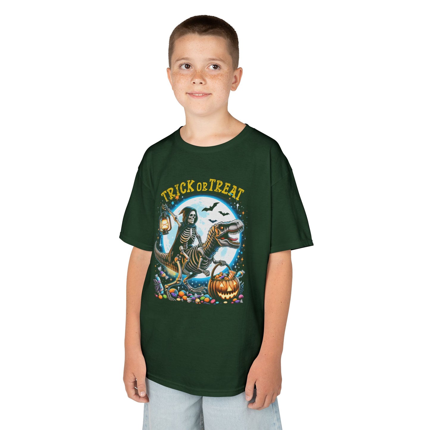 Skeleton Riding Mummy Dinosaur T Rex Halloween Funny Pumpkin Kids T-Shirt - Cute Dinosaur Skeleton Halloween Shirt for Boys & Girls