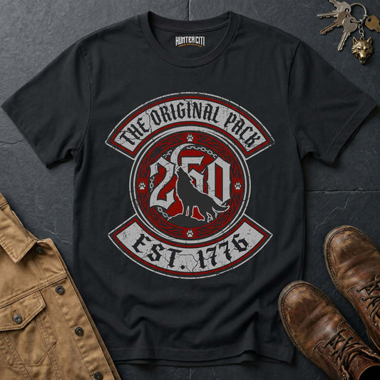 The Original Pack Est 1776 T-Shirt - America 250 Wolf Pack Badge Graphic Tee USA Anniversary Brotherhood Gift for Men