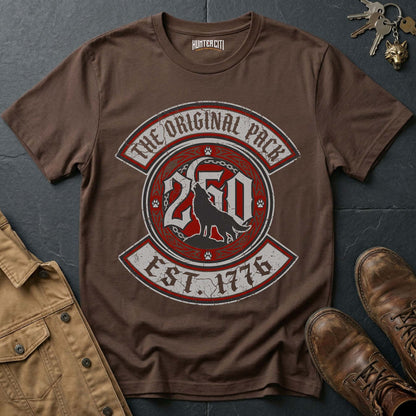 The Original Pack Est 1776 T-Shirt - America 250 Wolf Pack Badge Graphic Tee USA Anniversary Brotherhood Gift for Men