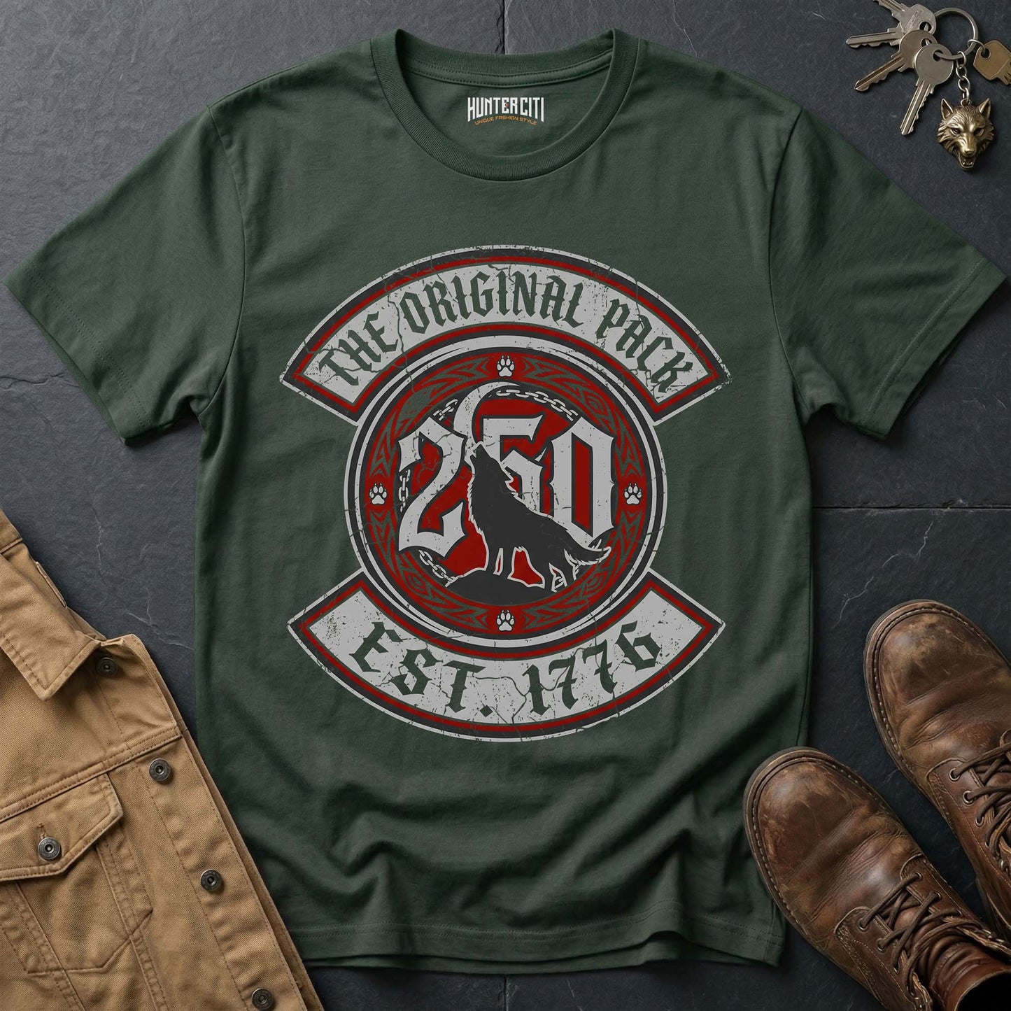 The Original Pack Est 1776 T-Shirt - America 250 Wolf Pack Badge Graphic Tee USA Anniversary Brotherhood Gift for Men