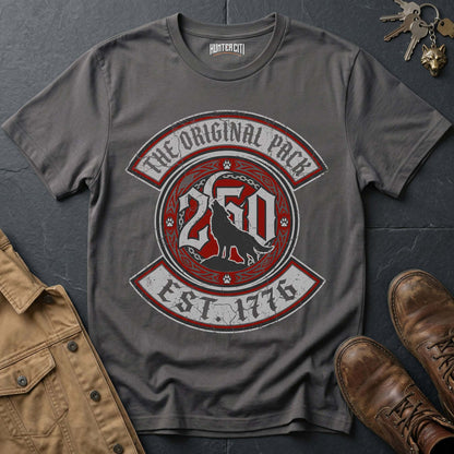 The Original Pack Est 1776 T-Shirt - America 250 Wolf Pack Badge Graphic Tee USA Anniversary Brotherhood Gift for Men