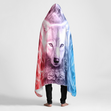 Load image into Gallery viewer, Fire and Ice Wolf with Roses Large Hooded Sherpa Blanket 60x80
