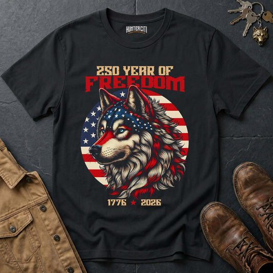 250 Years of Freedom Wolf T-Shirt 1776 2026 American Flag Wolf Face Patriotic Graphic Tee Anniversary USA Gift