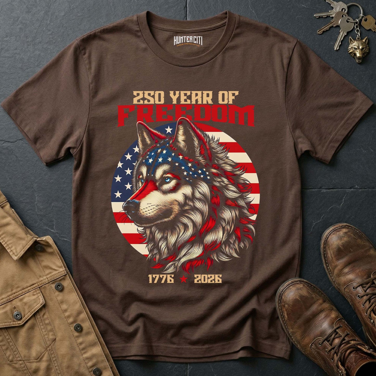 250 Years of Freedom Wolf T-Shirt 1776 2026 American Flag Wolf Face Patriotic Graphic Tee Anniversary USA Gift