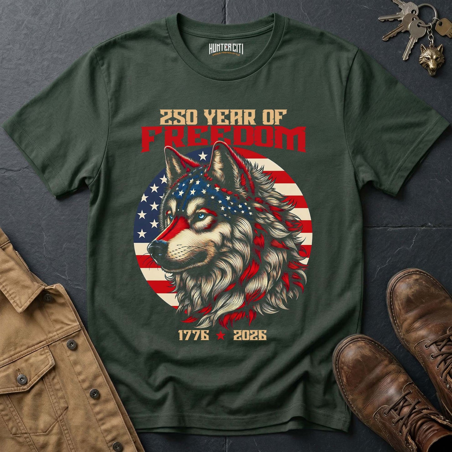 250 Years of Freedom Wolf T-Shirt 1776 2026 American Flag Wolf Face Patriotic Graphic Tee Anniversary USA Gift
