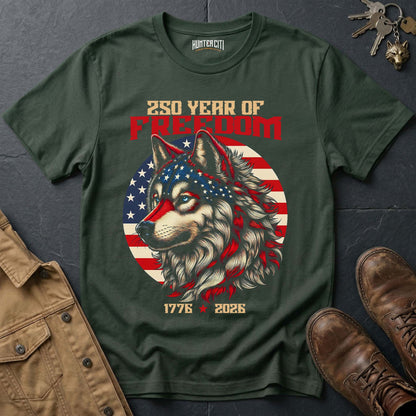 250 Years of Freedom Wolf T-Shirt 1776 2026 American Flag Wolf Face Patriotic Graphic Tee Anniversary USA Gift