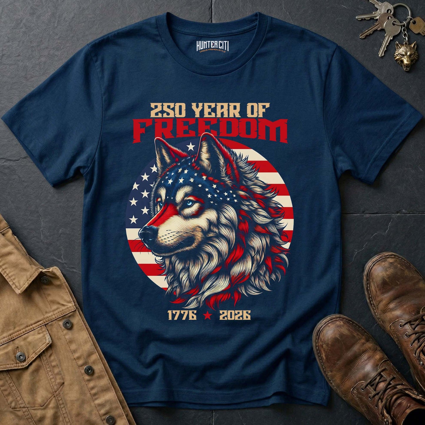 250 Years of Freedom Wolf T-Shirt 1776 2026 American Flag Wolf Face Patriotic Graphic Tee Anniversary USA Gift